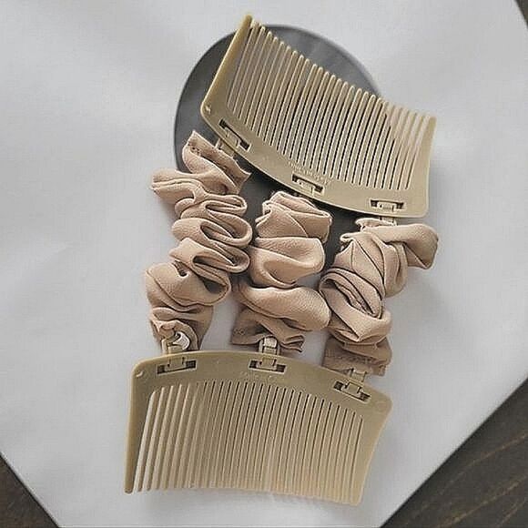 Vtg 90s beige double-comb scrunchie hair fastener - Picture 3 of 6